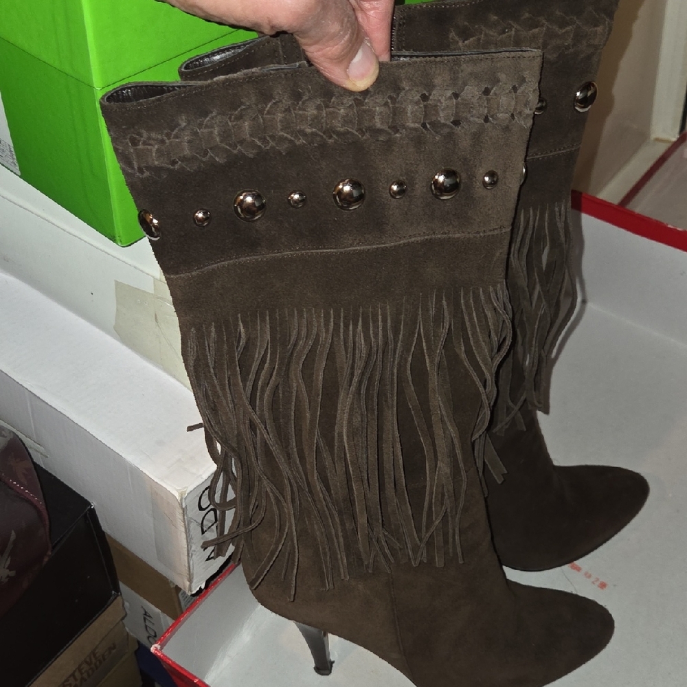 Guess by Marciano Dark Brown Fringe Heeled Boots